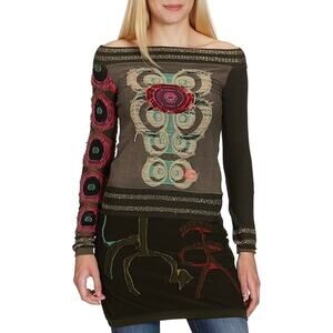 Desigual Patchwork Asymmetrical Knit Dress Mixed Media Long Sleeve Size S